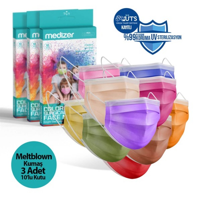 Medizer Meltblown Color Serisi Renkli Cerrahi Maske - 10'lu 3 Kutu 