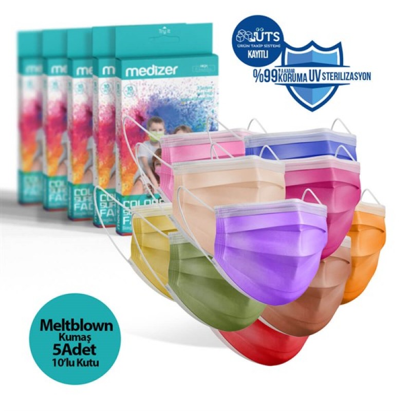 Medizer Meltblown Renkli Cerrahi Maske Color Serisi - 10'lu 5 Kutu