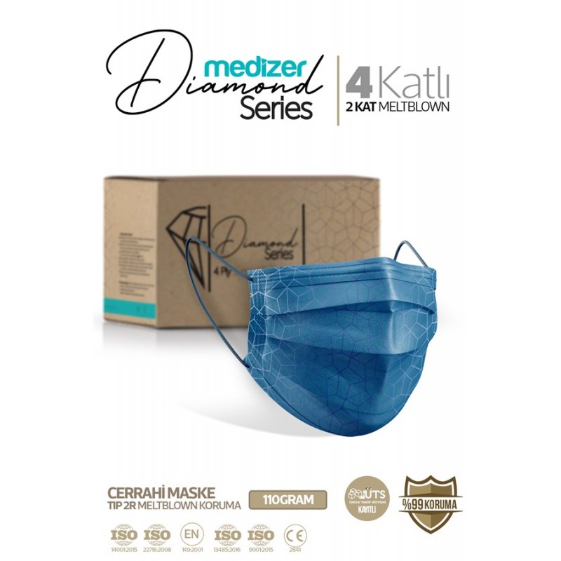 Medizer Diamond Serisi Desenli 4 Katlı Cerrahi Maske - Blue Shine 50 Adet