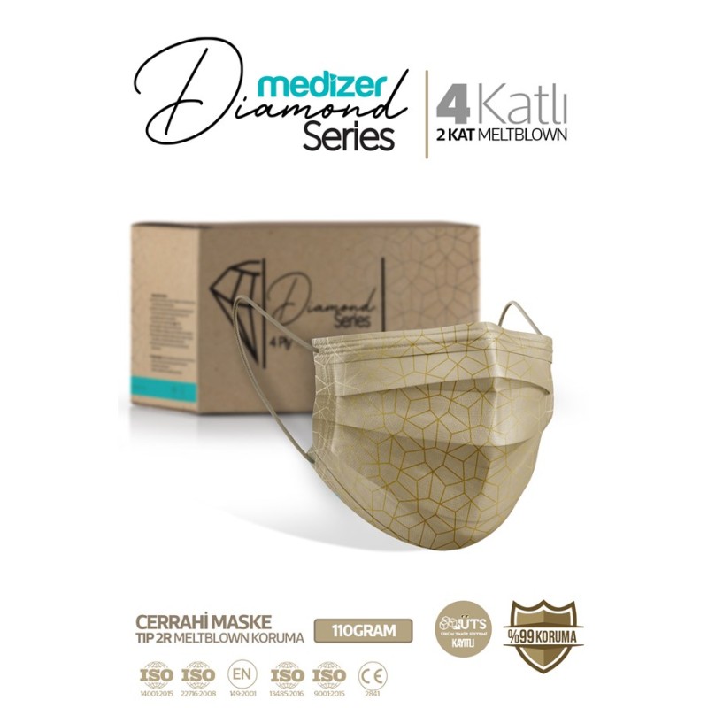 Medizer Diamond Serisi Desenli 4 Katlı Cerrahi Maske - Brown Shine 50 Adet