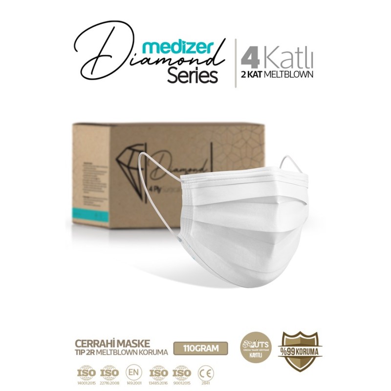 Medizer Diamond Serisi 4 Katlı Cerrahi Maske - Beyaz 50 Adet