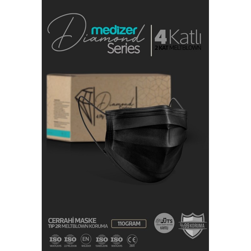 Medizer Diamond Serisi 4 Katlı Cerrahi Maske - Siyah 50 Adet