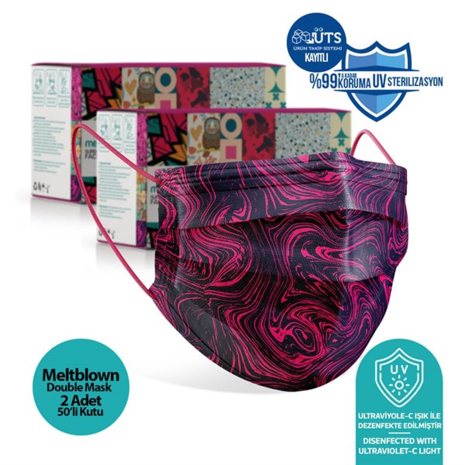 https://www.sabomar.com/Medizer Full Ultrasonic Surgical Mouth Mask 3 Layer Meltblown Fabric 100 Pieces - Nose Wire - Fuchsia Patterned