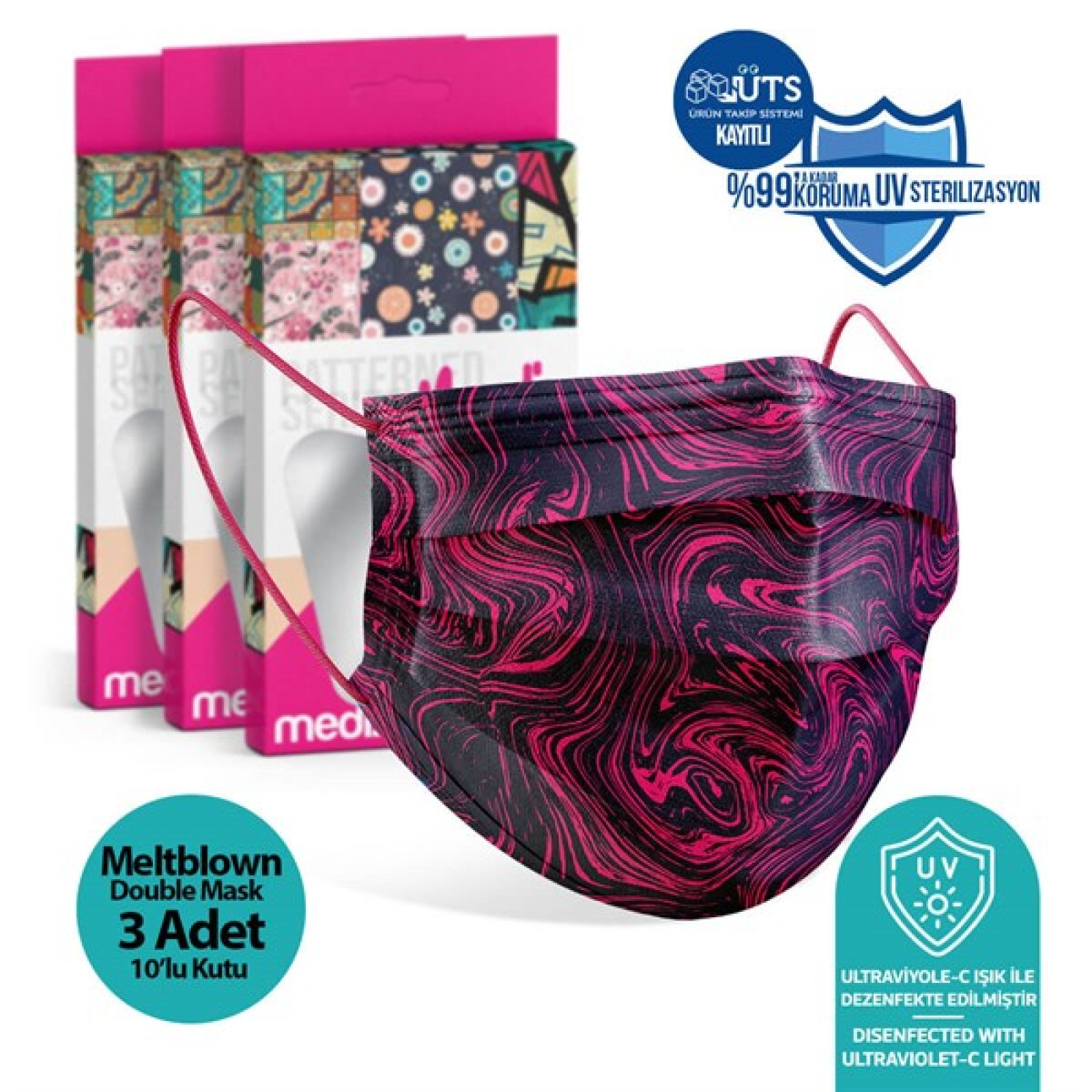 https://www.sabomar.com/Medizer Meltblown Fuchsia Patterned Surgical Mask - 3 Boxes of 10