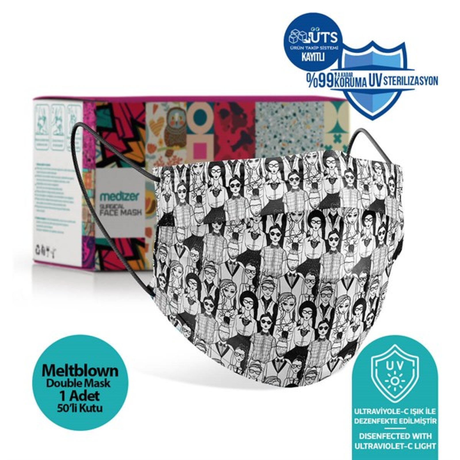 https://www.sabomar.com/Medizer Full Ultrasonic Surgical Mouth Mask 3 Layer Meltblown Fabric 50 Pieces - Nose Wire - People Patterned