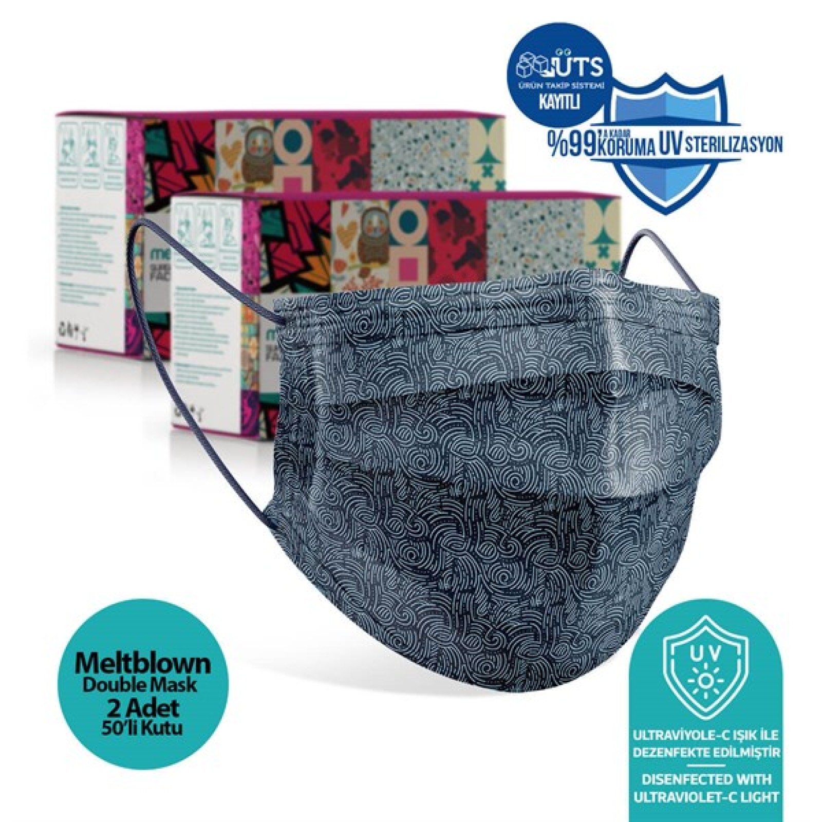 https://www.sabomar.com/Medizer Full Ultrasonic Surgical Mouth Mask 3 Layer Meltblown Fabric 100 Pieces - Nose Wire - Navy Wave Patterned