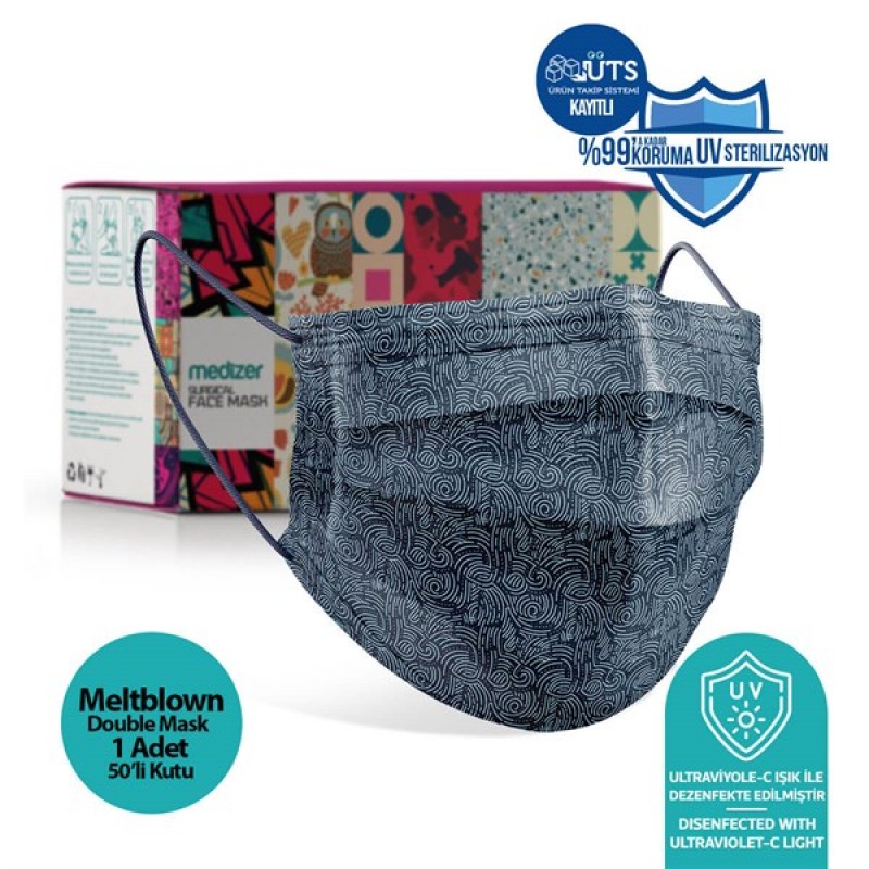 Medizer Full Ultrasonic Surgical Mouth Mask 3 Layer Meltblown Fabric 50 Pieces - Nose Wire - Navy Wave Patterned