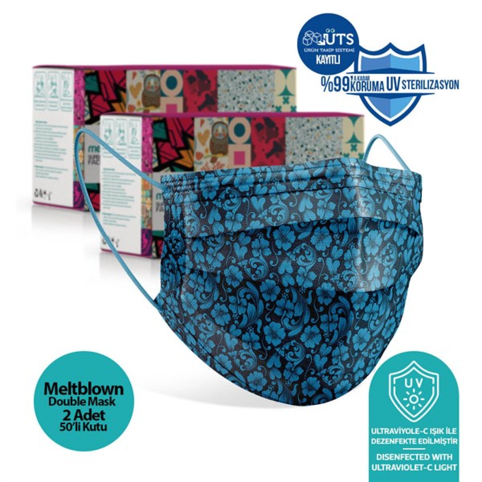 https://www.sabomar.com/Medizer Full Ultrasonic Surgical Mouth Mask 3 Layer Meltblown Fabric 100 Pieces - Nose Wire - Blue Flower Patterned