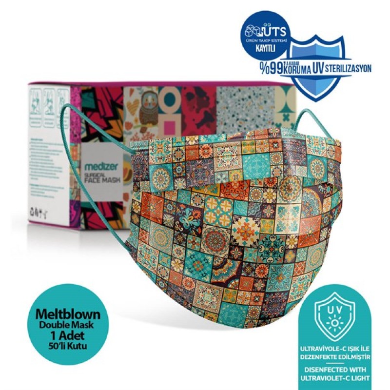 Medizer Full Ultrasonic Surgical Mouth Mask 3 Layer Meltblown Fabric 50 Pieces - Nose Wire - Ottoman Fabric Patterned