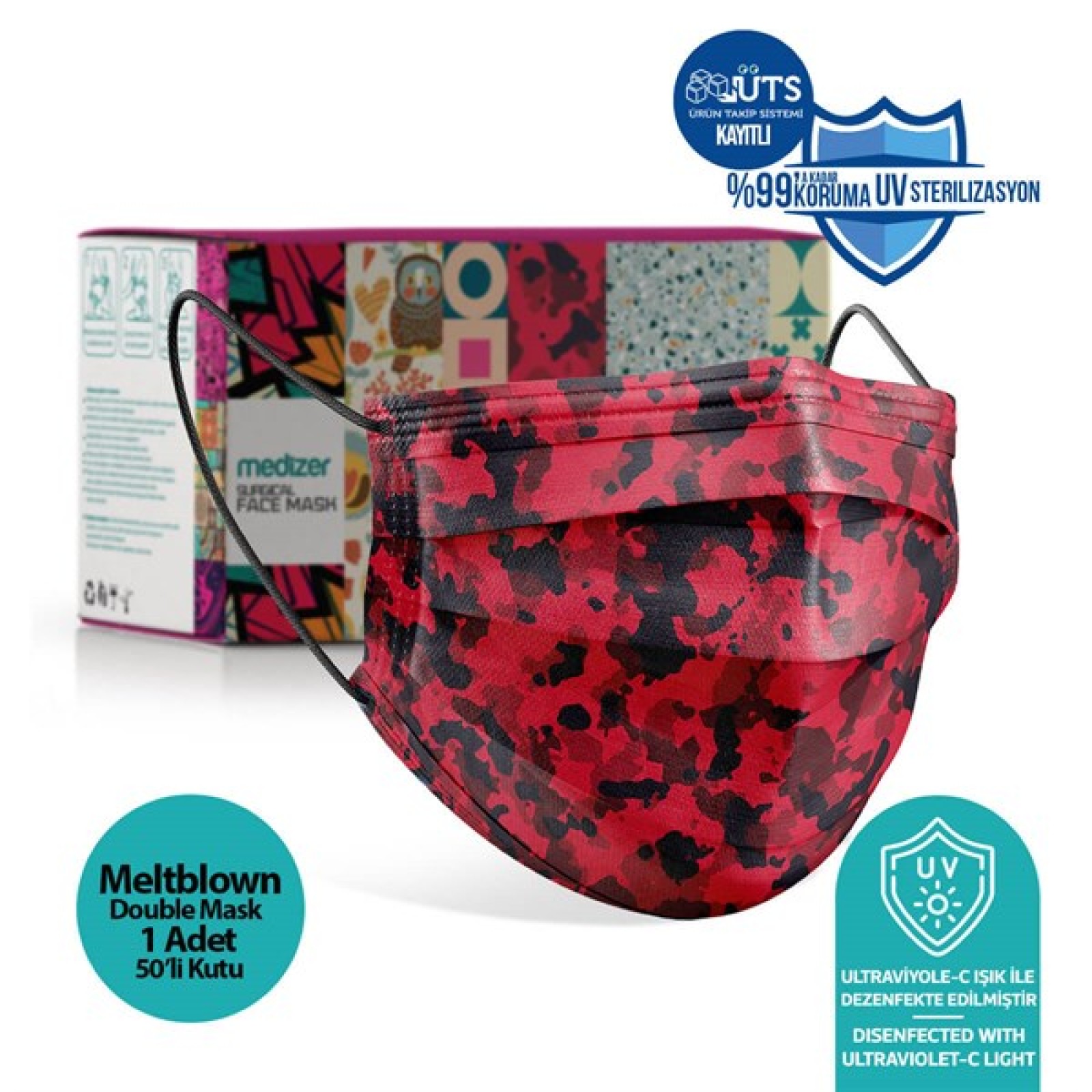 https://www.sabomar.com/Medizer Red Camouflage Pattern Full Ultrasonic Surgical Mouth Mask 3 Layers Meltblown Fabric 50 Pieces - Nose Wire