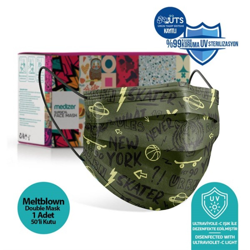 Medizer Urban Patterned Full Ultrasonic Surgical Mouth Mask 3 Layers Meltblown Fabric 50 Pieces - Nose Wire