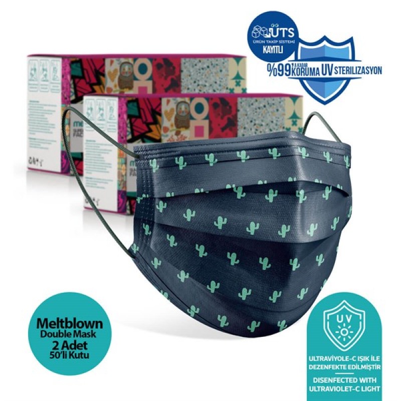 Medizer Green Cactus Pattern Full Ultrasonic Surgical Mouth Mask 3 Layers Meltblown Fabric 100 Pieces - Nose Wire
