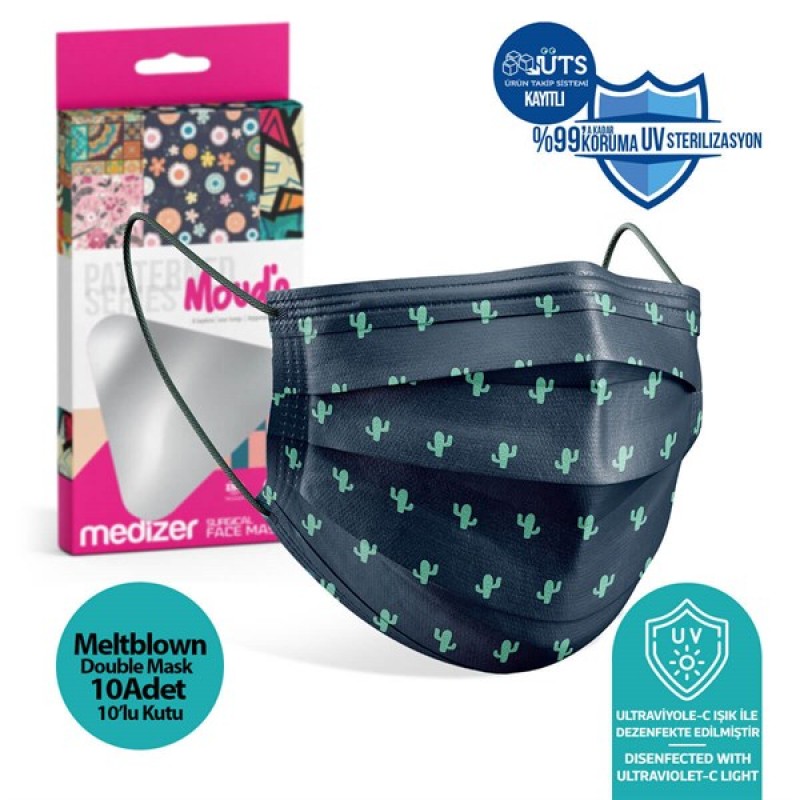 Medizer Green Cactus Pattern Full Ultrasonic Surgical Mouth Mask 3 Layers Meltblown Fabric 10 Boxes of 10 - Nose Wire