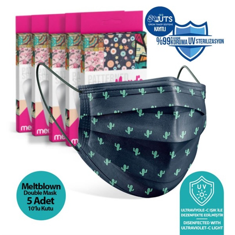 Medizer Green Cactus Pattern Full Ultrasonic Surgical Mouth Mask 3 Layers Meltblown Fabric 5 Boxes of 10 - Nose Wire
