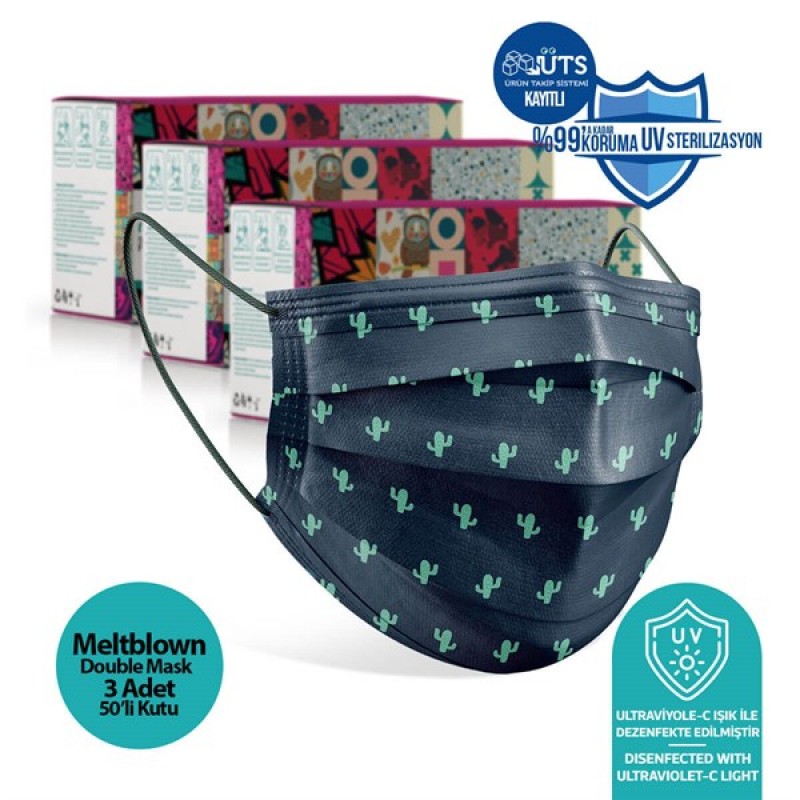 Medizer Green Cactus Pattern Full Ultrasonic Surgical Mouth Mask 3 Layers Meltblown Fabric 150 Pieces - Nose Wire