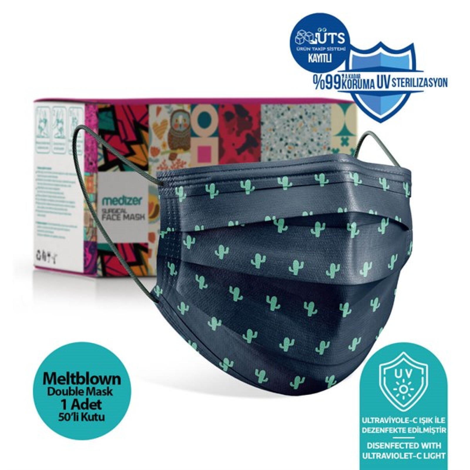 https://www.sabomar.com/Medizer Green Cactus Pattern Full Ultrasonic Surgical Mouth Mask 3 Layers Meltblown Fabric 50 Pieces - Nose Wire