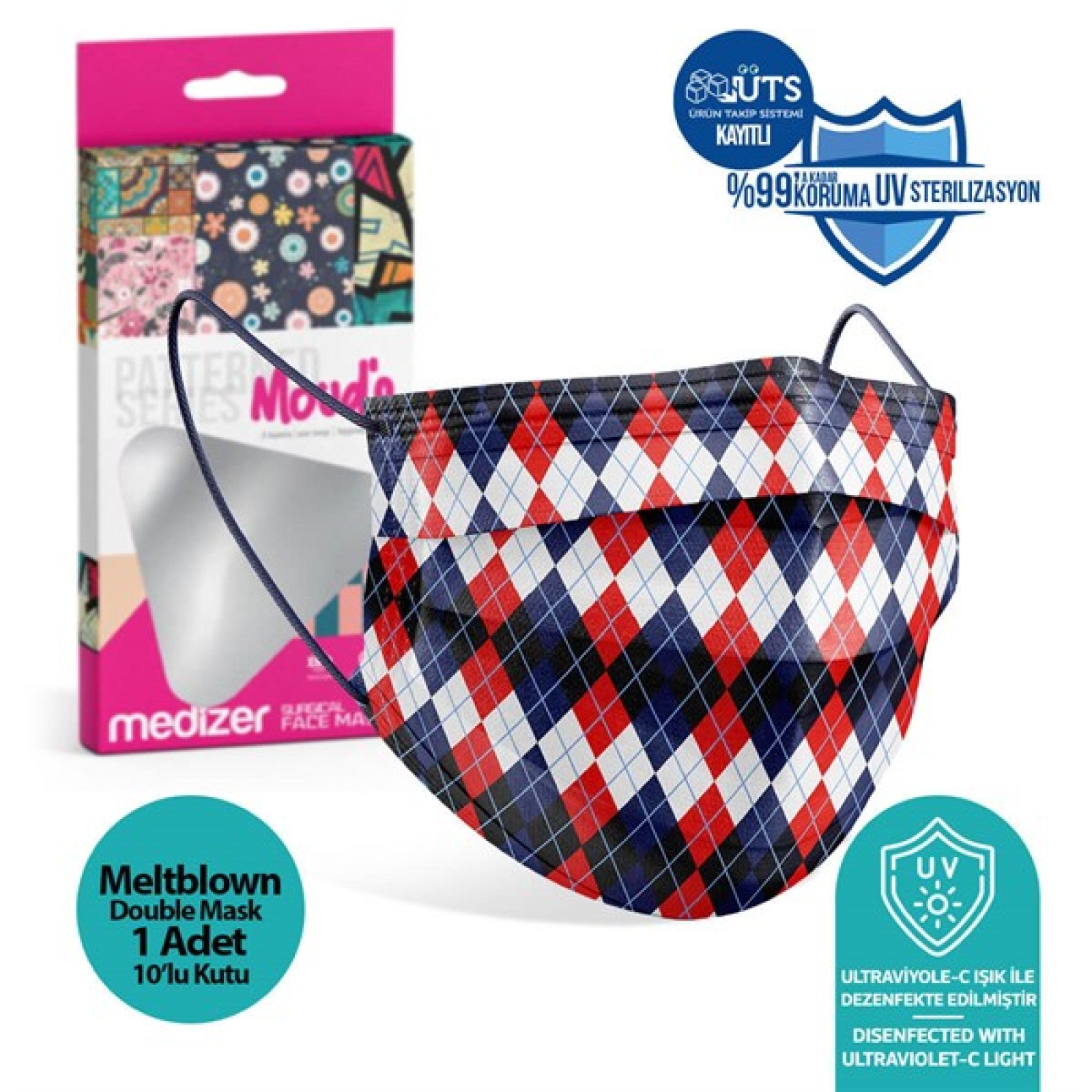 https://www.sabomar.com/Medizer Meltblown Navy Blue-Red Checked Surgical Mask - 1 Box of 10
