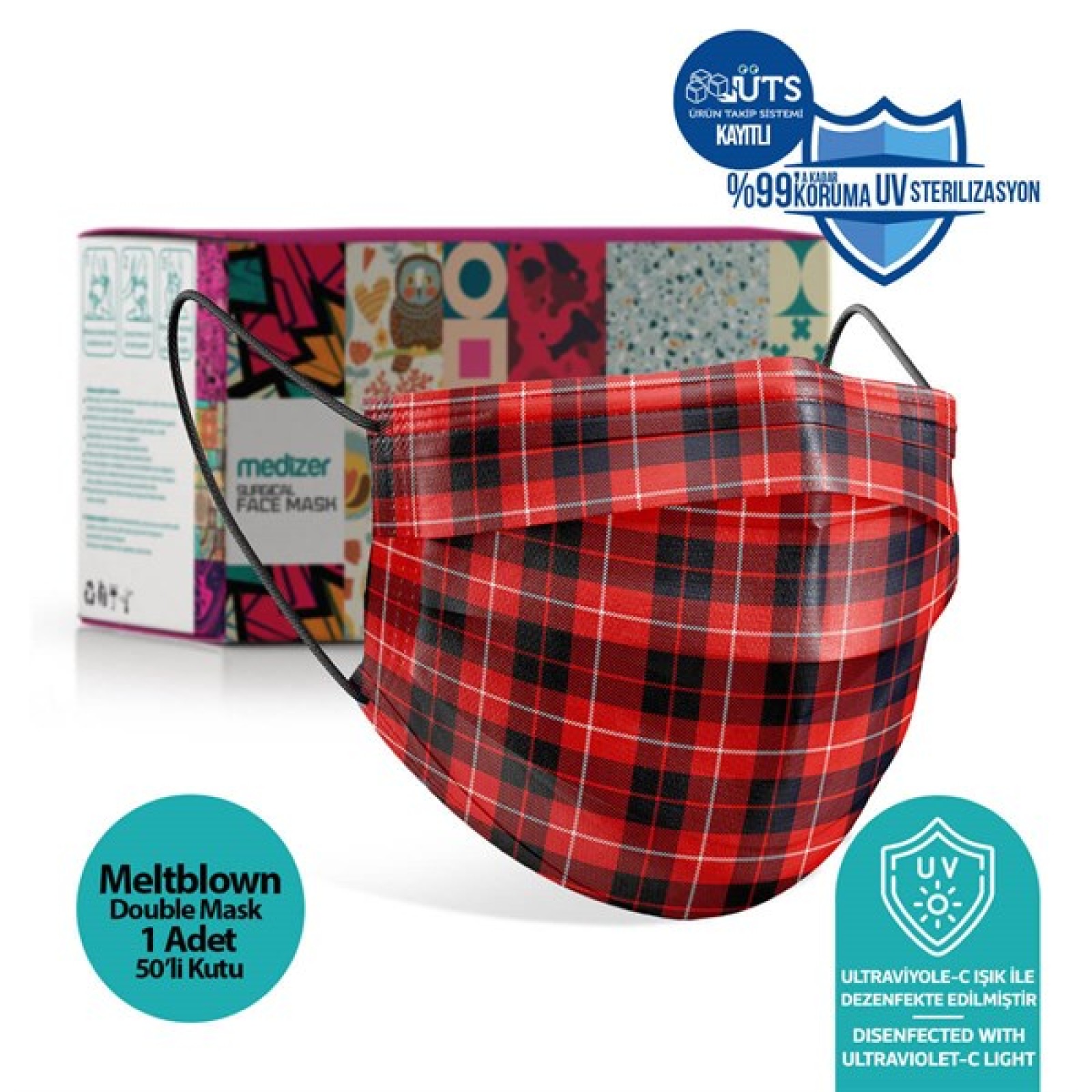 https://www.sabomar.com/Medizer Red Ekose Patterned Full Ultrasonic Surgical Mouth Mask 3 Layers Meltblown Fabric 50 Pieces- Nose Wire