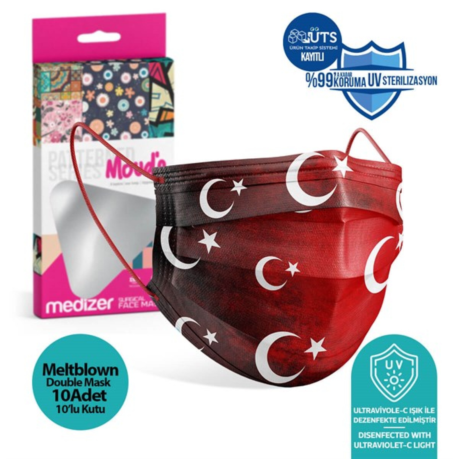 https://www.sabomar.com/Medizer Meltblown Türk Bayrağı Desenli Cerrahi Maske - 10 lu 10 Kutu