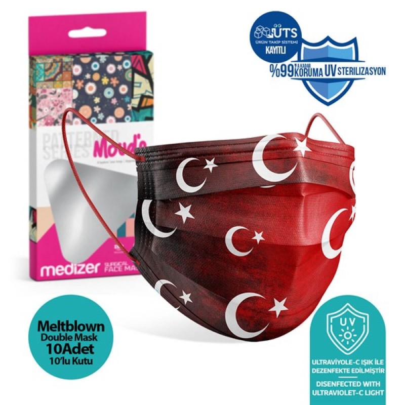 Medizer Meltblown Türk Bayrağı Desenli Cerrahi Maske - 10'lu 10 Kutu