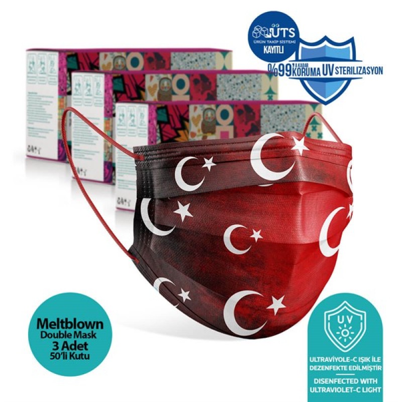 Medizer Meltblown Türk Bayrağı Desenli Cerrahi Maske - 150 Adet 