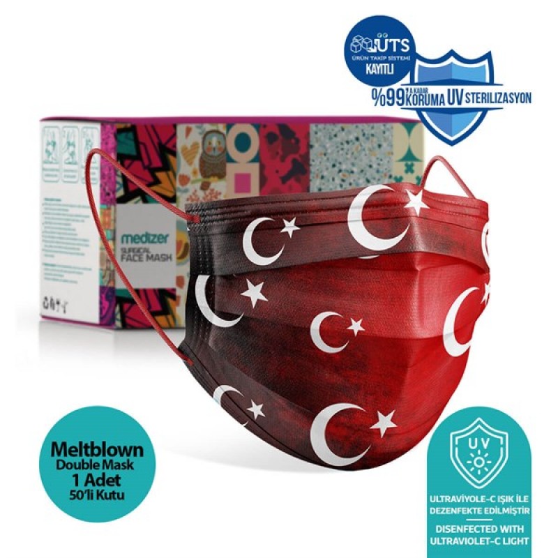Medizer Meltblown Türk Bayrağı Desenli Cerrahi Maske - 50 Adet 