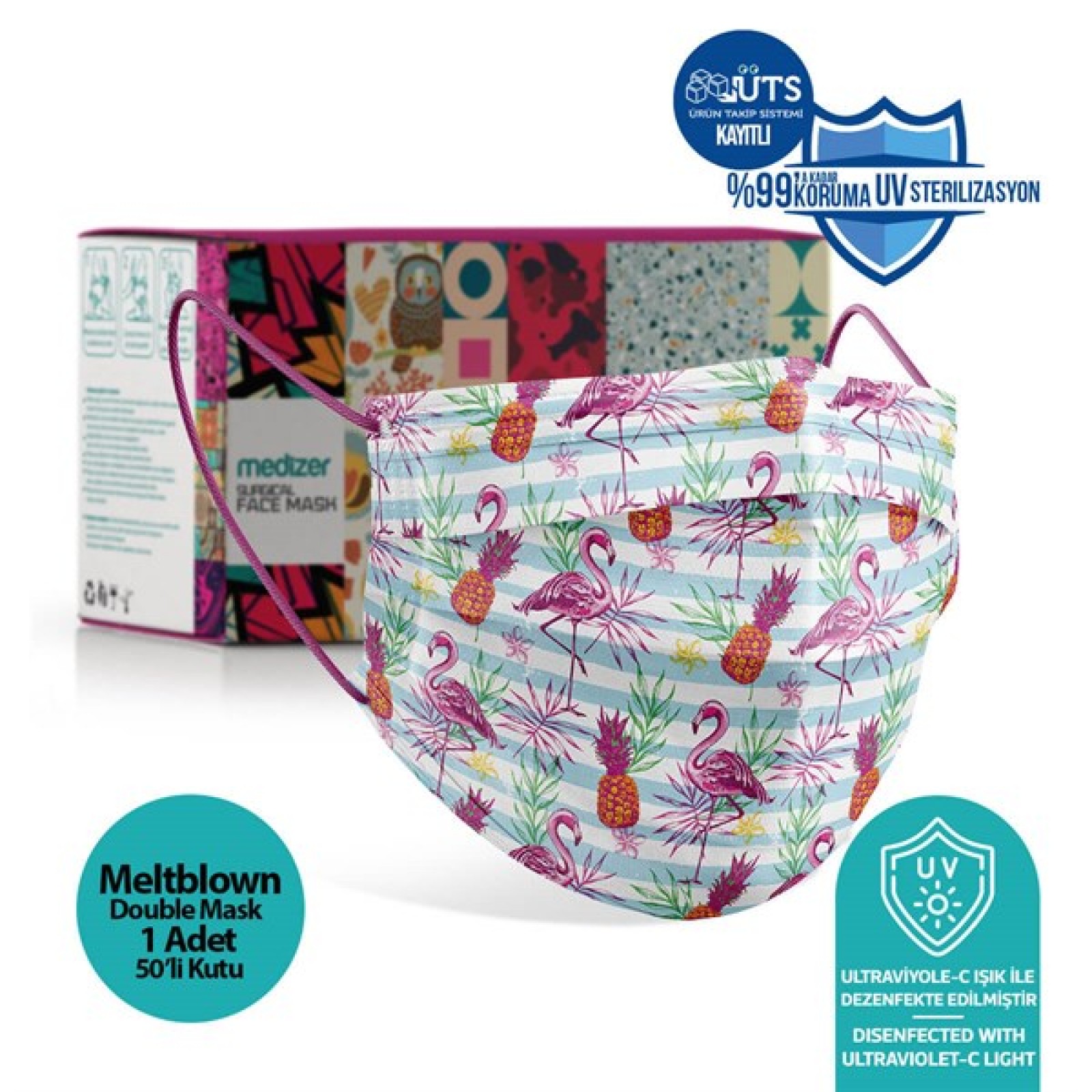 https://www.sabomar.com/Medizer Full Ultrasonic Surgical Mouth Mask 3 Layer Meltblown Fabric 50 Pieces - Nose Wire - Tropical Flamingo Patterned