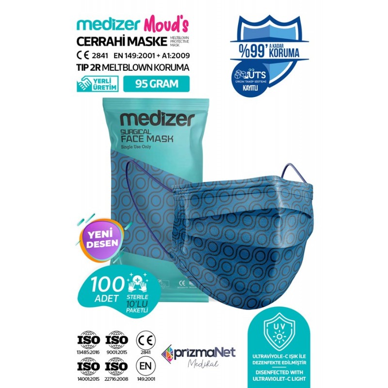Medizer Meltblown Lacivert Daire Desenli Cerrahi Maske 10'lu 10 Paket