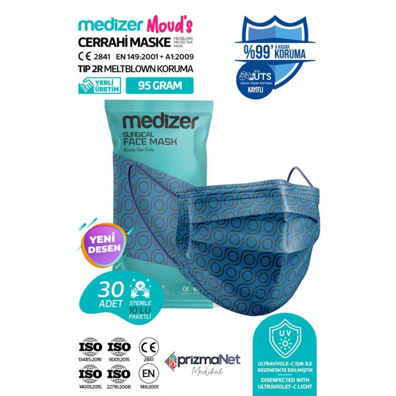 Medizer Meltblown Lacivert Daire Desenli Cerrahi Maske 10'lu 3 Paket
