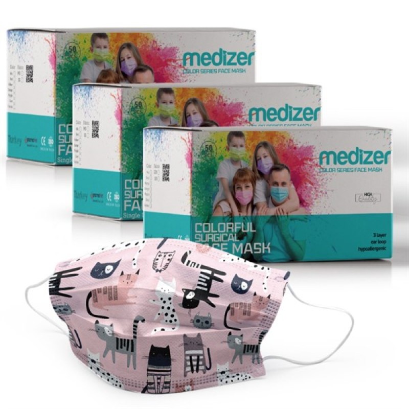 Medizer Meltblown Kedi Desenli Cerrahi Maske - 150 Adet 