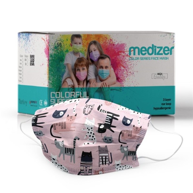 Medizer Meltblown Kedi Desenli Cerrahi Maske - 50 Adet