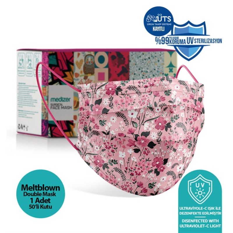 Medizer Meltblown Pembe Çiçek Desenli Cerrahi Maske - 50 Adet