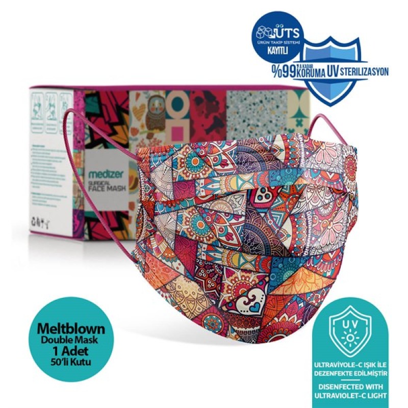 Medizer Meltblown Mandala Etnik Desenli Cerrahi Maske - 50 Adet 