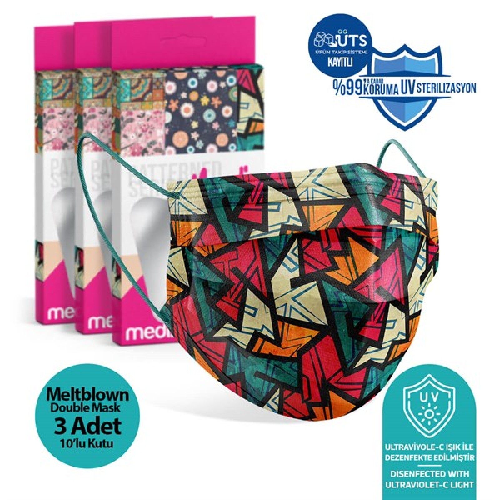 https://www.sabomar.com/Medizer New Young Patterned Full Ultrasonic Surgical Mouth Mask 3 Layers Meltblown Fabric 3 Boxes of 10 - Nose Wire