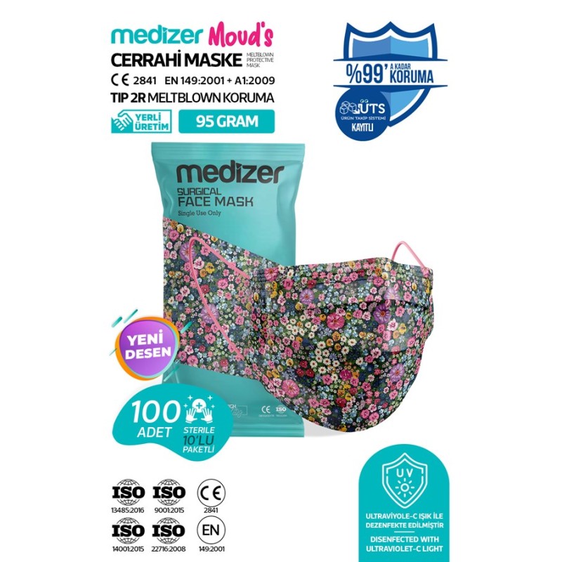 Medizer Meltblown Violet Desenli Cerrahi Maske 10'lu 10 Paket