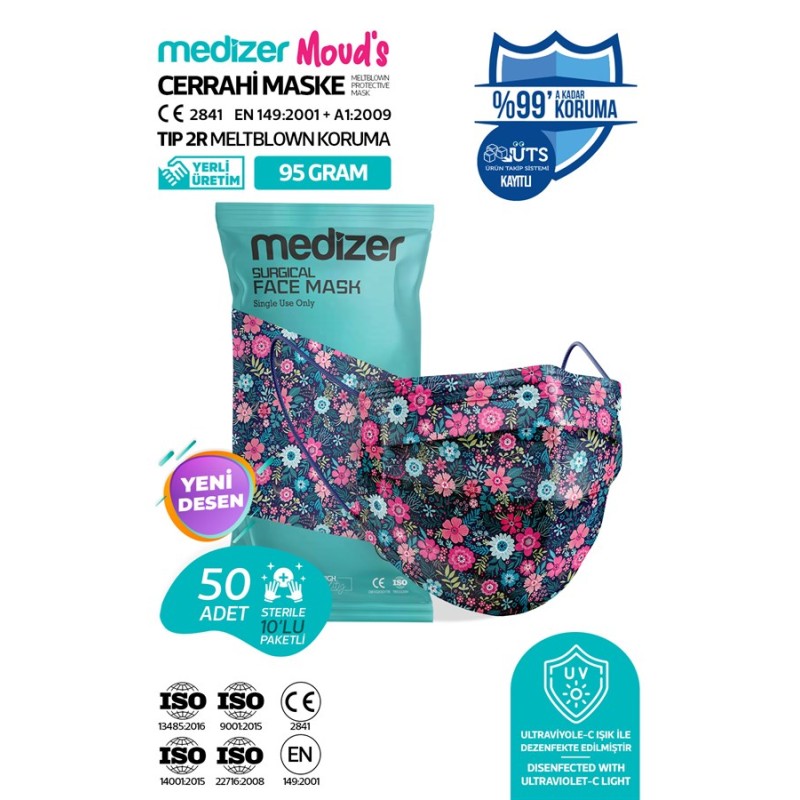 Medizer Meltblown Blue Flos Desenli Cerrahi Maske 10'lu 5 Paket