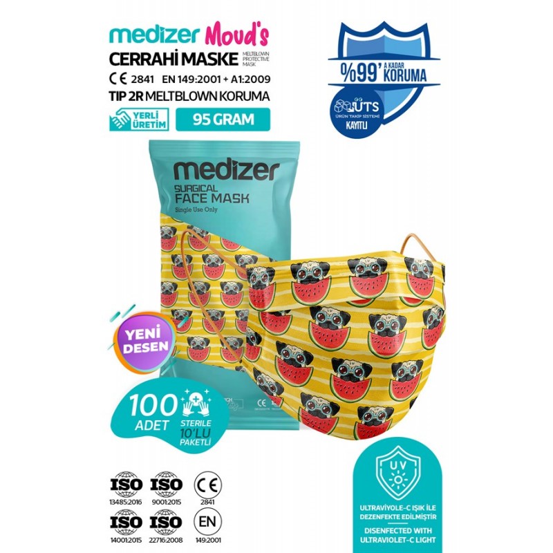 Medizer Meltblown Crazy Dog Desenli Cerrahi Maske 10'lu 10 Paket