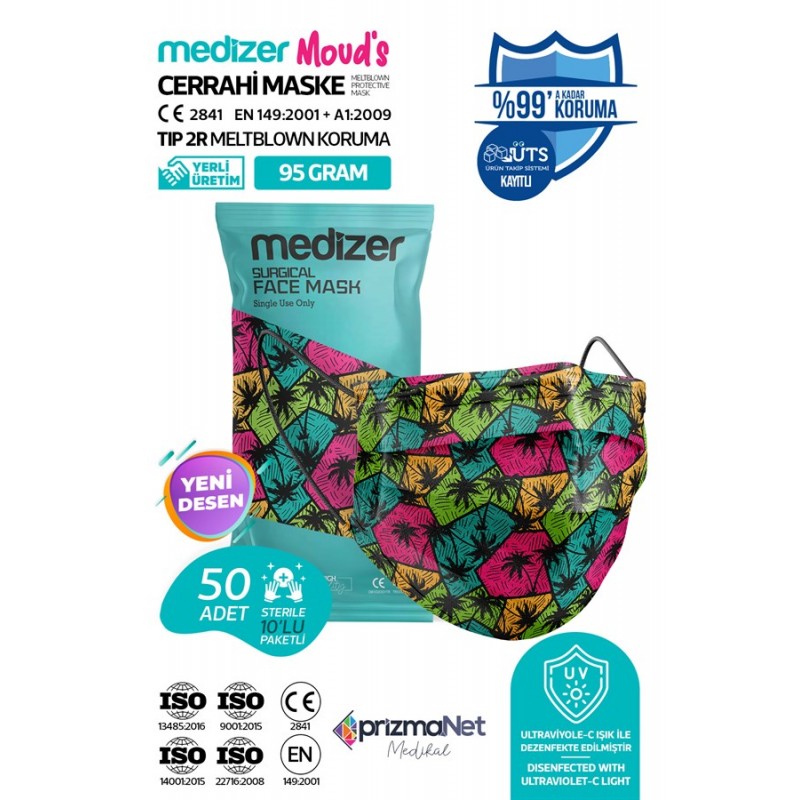 Medizer Meltblown Summer Color Desenli Cerrahi Maske 10'lu 5 Paket