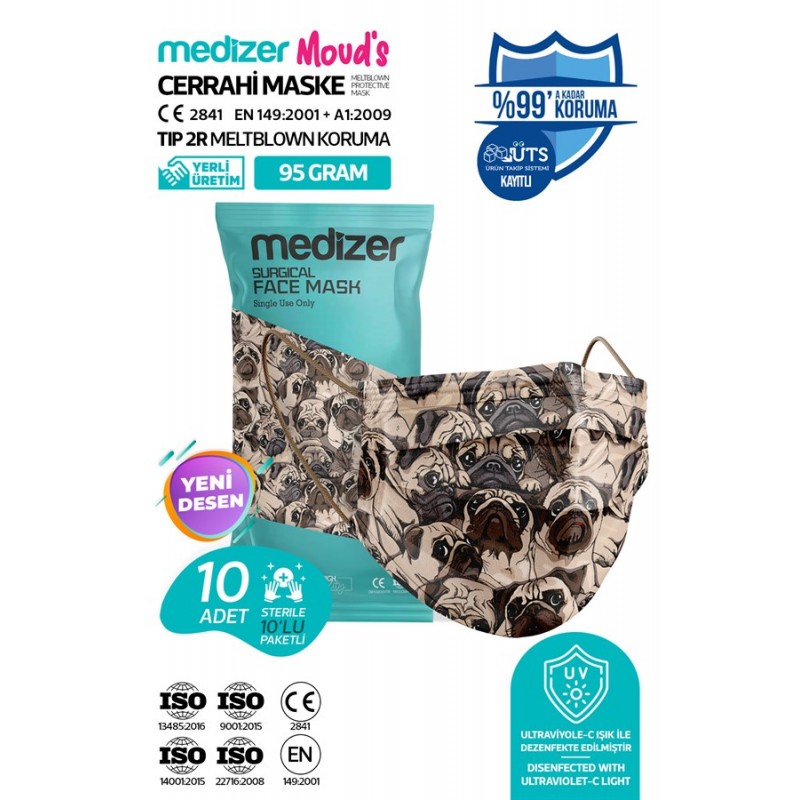 Medizer Meltblown Pug Desenli Cerrahi Maske 10'lu 1 Paket