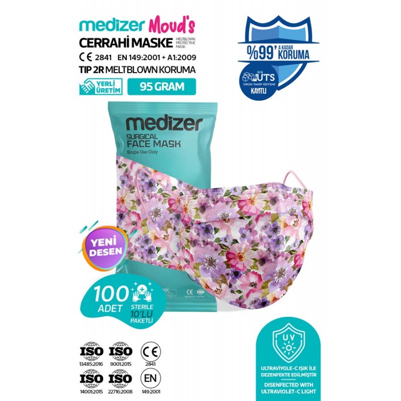 Medizer Meltblown April Desenli Cerrahi Maske 10'lu 10 Paket