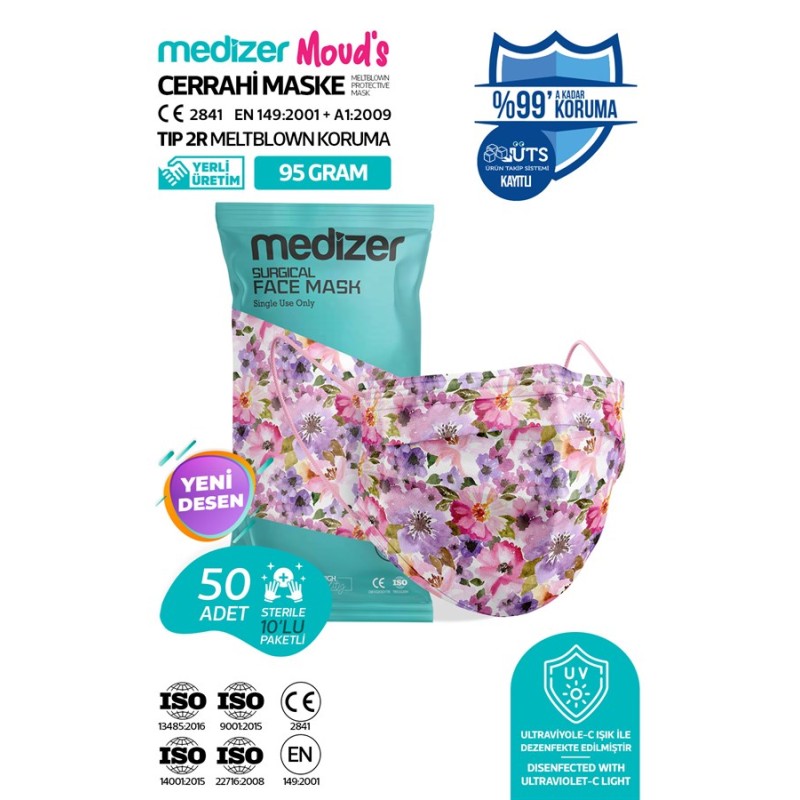 Medizer Meltblown April Desenli Cerrahi Maske 10'lu 5 Paket