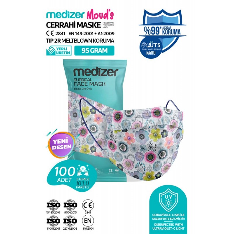 Medizer Meltblown Flower Art Desenli Cerrahi Maske 10'lu 10 Paket