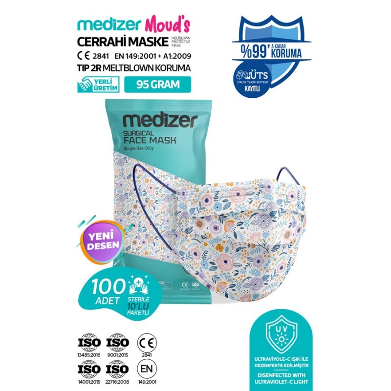 Medizer Meltblown Sweet Flowers Desenli Cerrahi Maske 10'lu 10 Paket