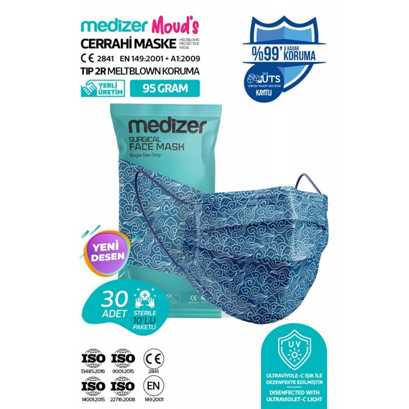 Medizer Meltblown Blue Rain Desenli Cerrahi Maske 10'lu 3 Paket