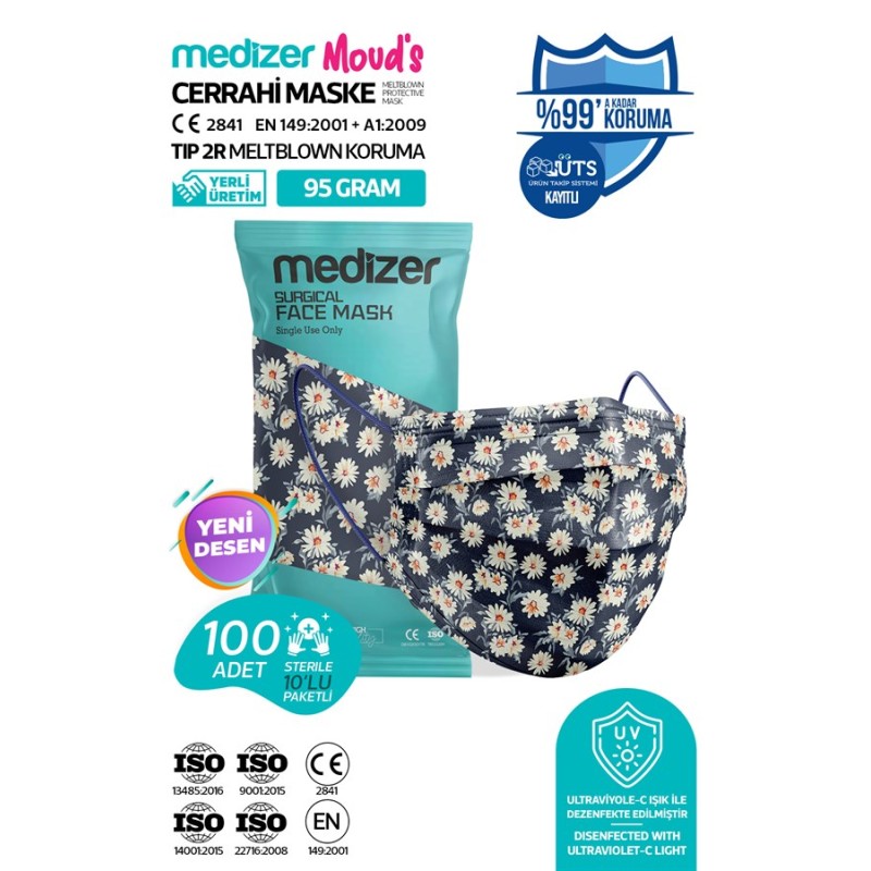 Medizer Meltblown Dağ Papatyası Desenli Cerrahi Maske 10'lu 10 Paket