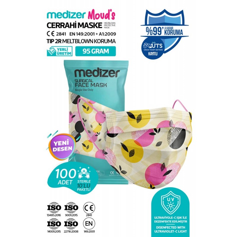 Medizer Meltblown Portakal Desenli Cerrahi Maske 10'lu 10 Paket