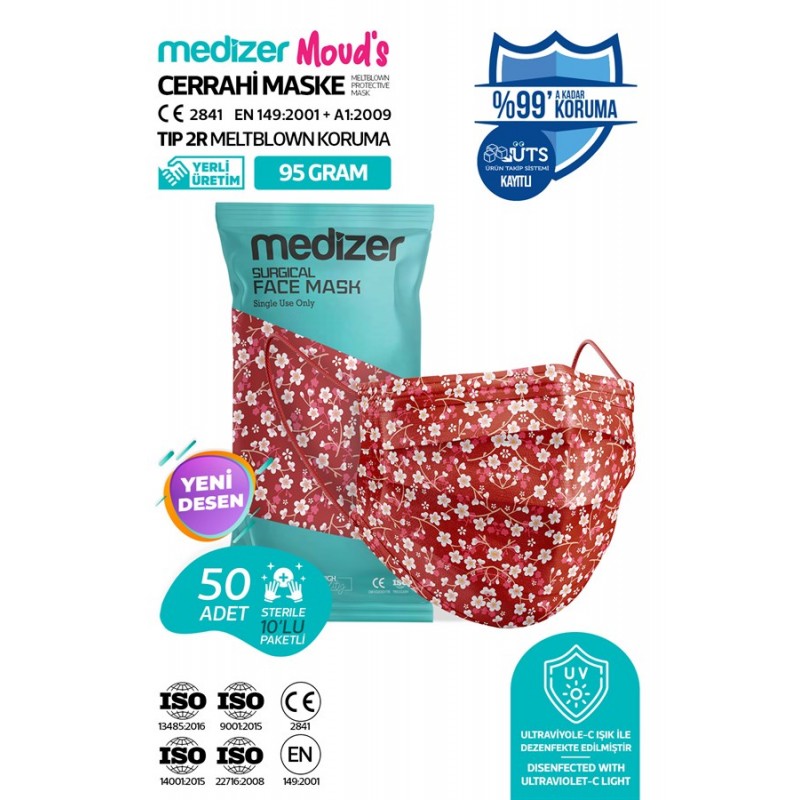 Medizer Meltblown Red Flower Pattern Surgical Mask 5 Pack of 10