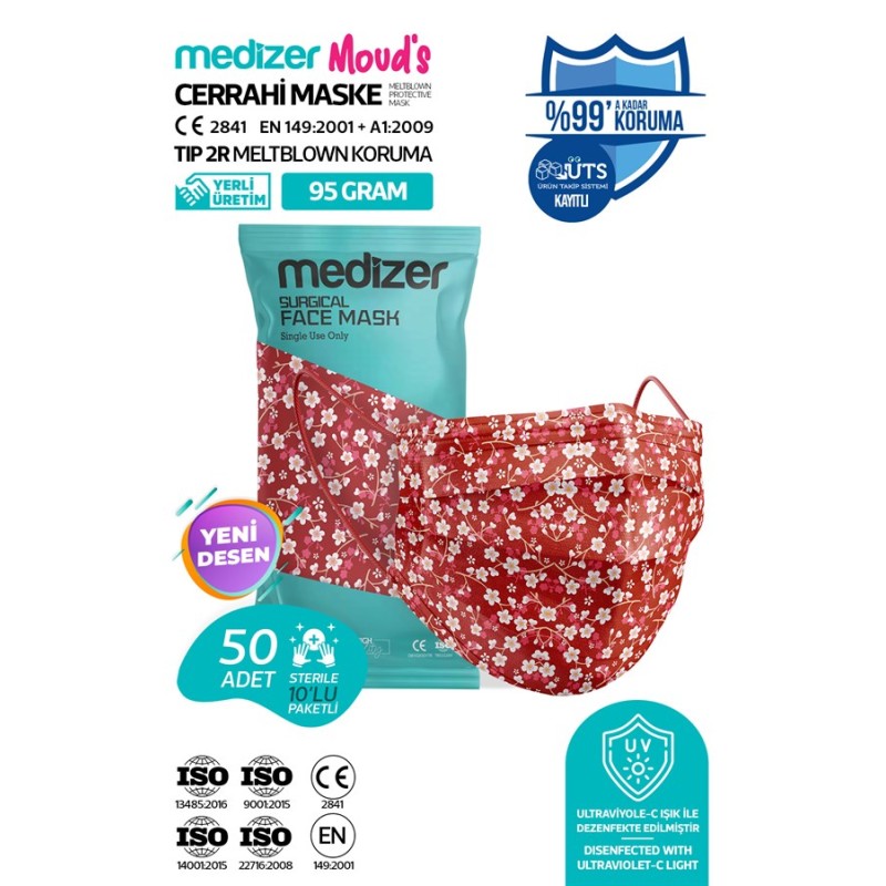 Medizer Meltblown Kırmızı Çiçek Desenli Cerrahi Maske 10'lu 5 Paket