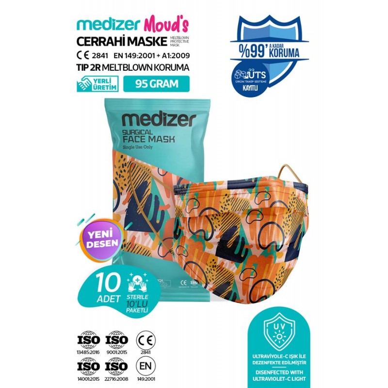 Medizer Meltblown Artwork Desenli Cerrahi Maske 10'lu 1 Paket