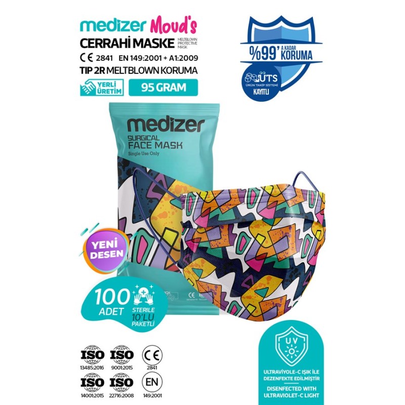 Medizer Meltblown Kübizm Desenli Cerrahi Maske 10'lu 10 Paket